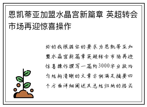 恩凯蒂亚加盟水晶宫新篇章 英超转会市场再迎惊喜操作